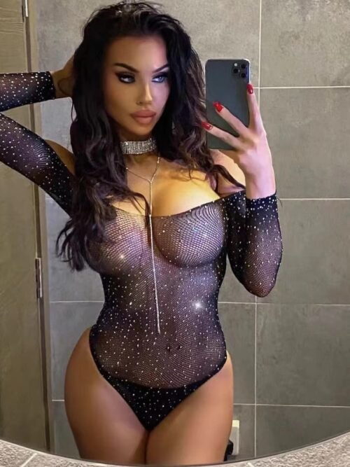 Rhinestone Fishnet Black Bodysuit