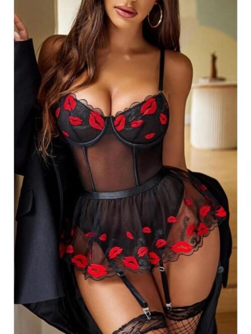 Black Lips Pattern Babydoll