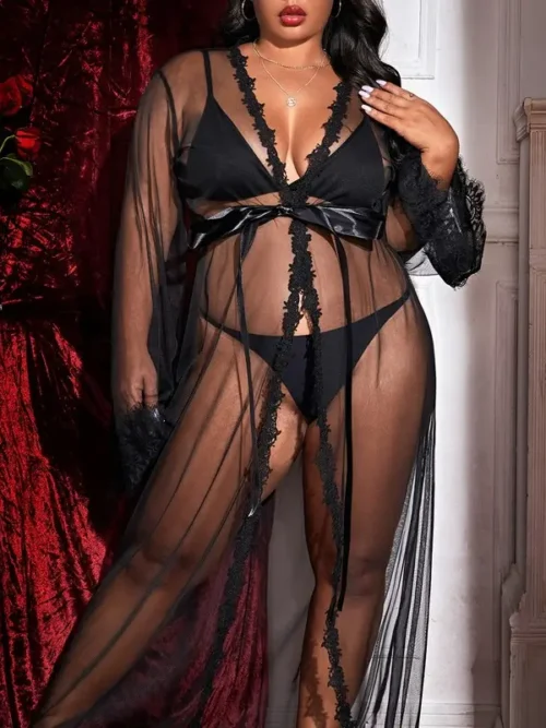Black Lace Mesh Nightdress Robe
