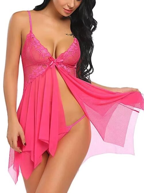 Hot Pink Open Front Babydoll Lingerie Set with Matching Panty
