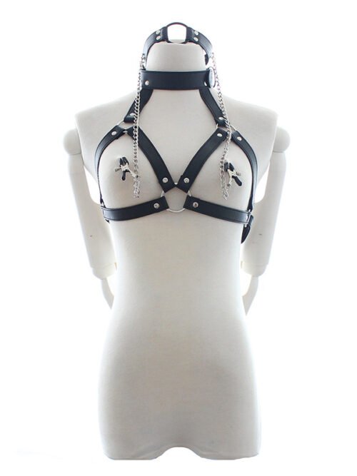 Adjustable Bondage Harness Bra with Collar & Clamps