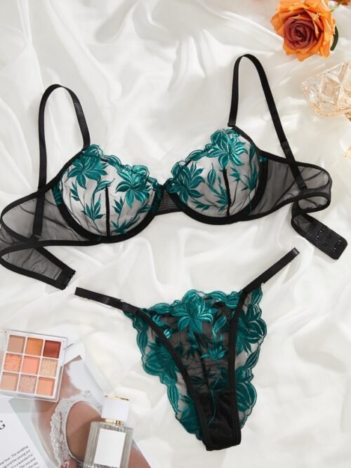 Emerald Veil Embroidered Lingerie Set – Teal Green & Black Bra Panty
