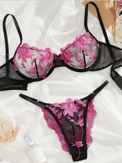Floral Whisper Lingerie Set – Hot Pink Black Bra Panty