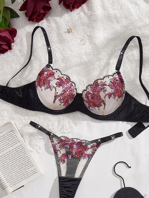 Flora Noir Embroidered Bra Set – Sheer Black Lingerie with Bold Floral Detailing