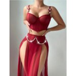 Wine Red Sheer Corset Top & Slit Skirt Set with Pearl Chain