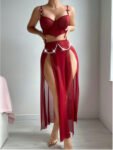 Wine Red Sheer Corset Top & Slit Skirt Set with Pearl Chain