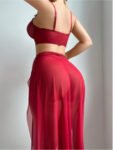 Wine Red Sheer Corset Top & Slit Skirt Set with Pearl Chain