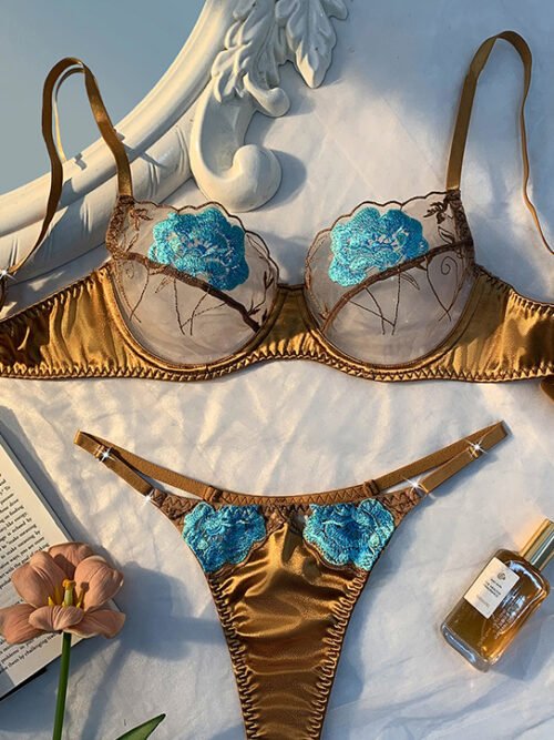 Golden Bloom Embroidered Bra Set – Luxurious Satin Lingerie with Blue Floral Detailing