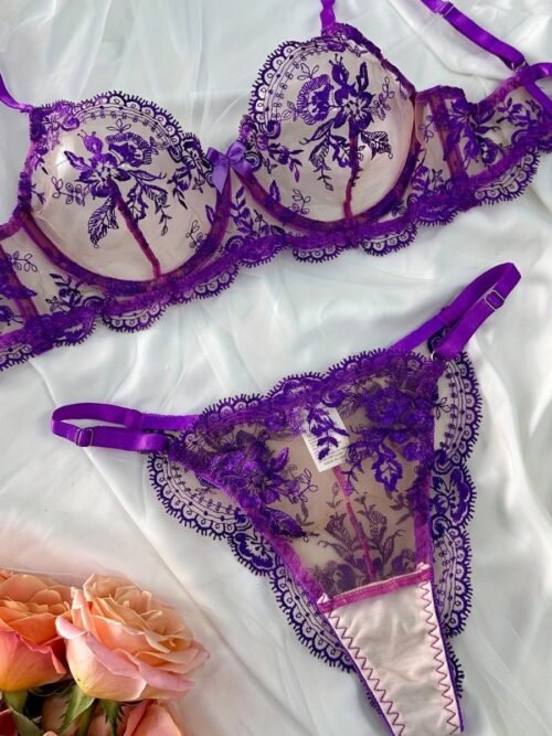 Purple Floral Embroidered Sheer Mesh Bra Panty Set