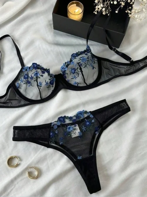 Midnight Bloom Black Mesh Embroidered Lingerie Set – Blue Floral Bra & Panty