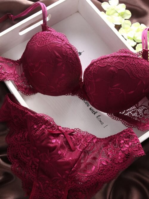 Maroon Lace Padded Bra & Panty Set – Elegant Bridal Lingerie for Wedding Night