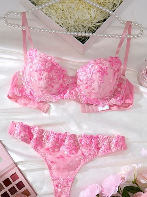Blush Blossom Pink Floral Lace Lingerie Set – Embroidered Bra & Matching Panty