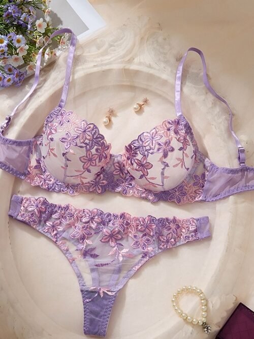 Lavender Blossom Embroidered Mesh Bra & Panty