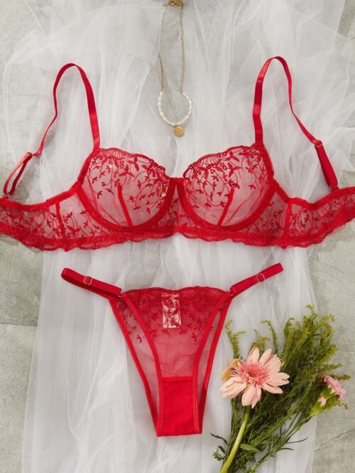 Red Floral Sheer Lace Bra & Panty Set – Elegant Embroidered Lingerie