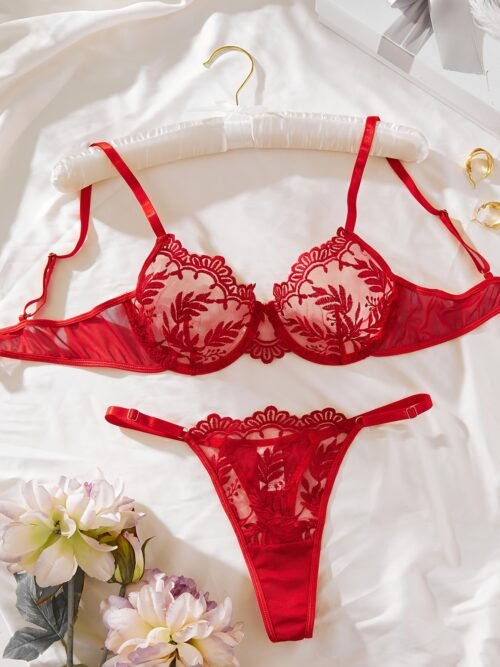 Red Sexy Midnight Leaf Lace Bra & Panty Set