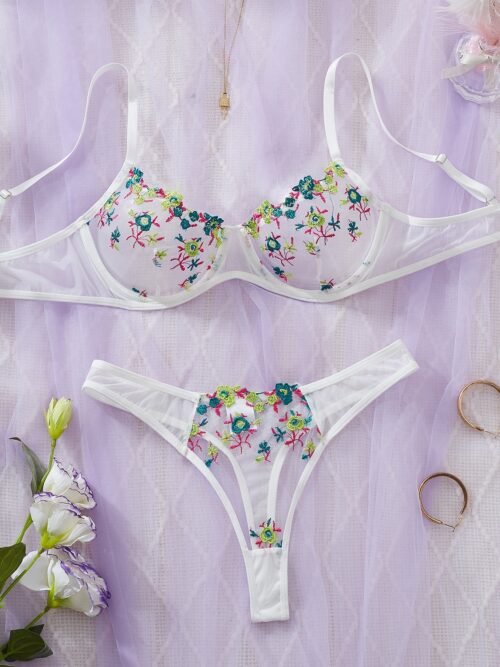 Bloom Essence White Floral Embroidered Underwire Bra & Panty Set
