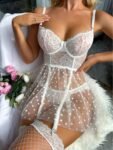 White Lace Babydoll Lingerie Set with Heart Mesh Detail