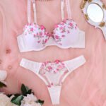 White With Pink Rose Bra Set
