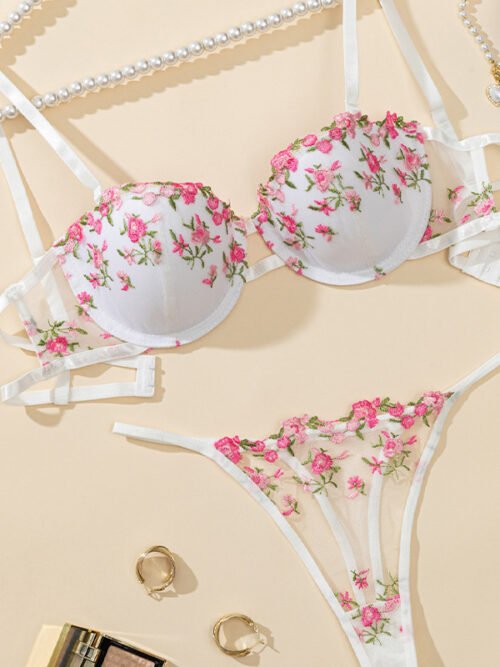 Rosy Bloom White Embroidered Padded Bra & Panty Set