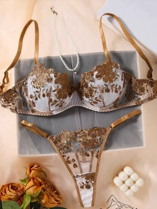 Gold Floral Embroidered Lingerie Set – Sheer Mesh Underwire Bra & Thong