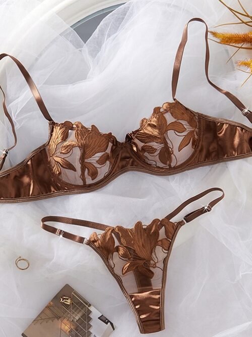 Mocha Bloom Embroidered Lace Lingerie Set – Bra & Thong