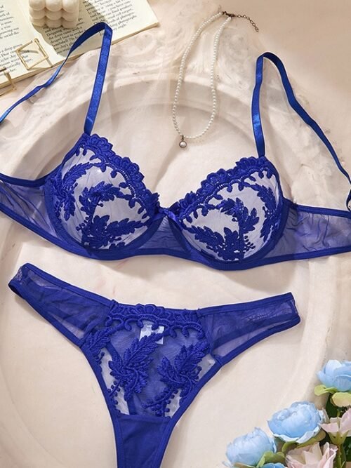 Blue Midnight Leaf Lace Bra & Panty Set