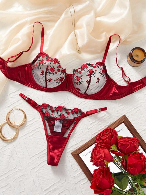 Crimson Bloom Embroidered Underwire Lingerie Set