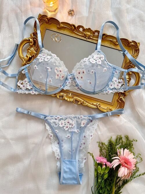 Blue Blossom Sheer Embroidery Lingerie Set