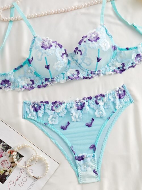 Aqua Bloom Embroidered Sheer Lingerie Set