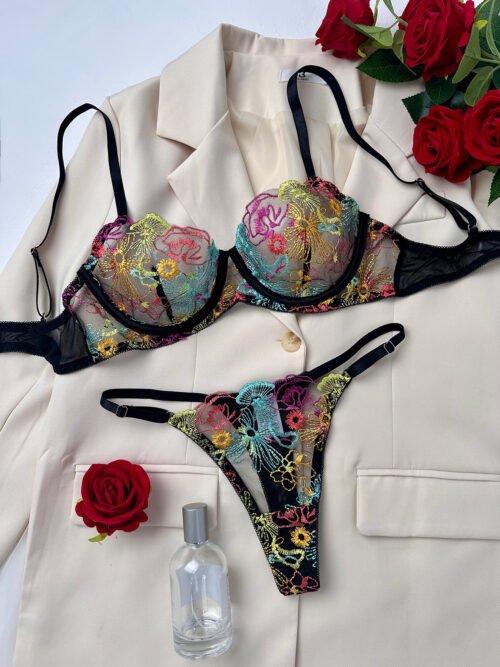 Midnight Bloom Embroidered Sheer Lingerie Set