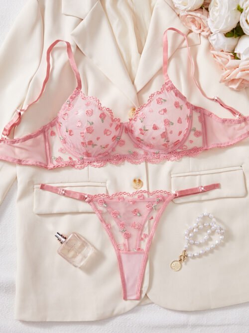 Blush Bloom Embroidered Mesh Lingerie Set