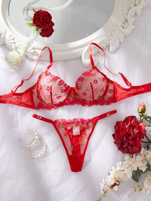 Scarlet Bloom Embroidered Lingerie Set